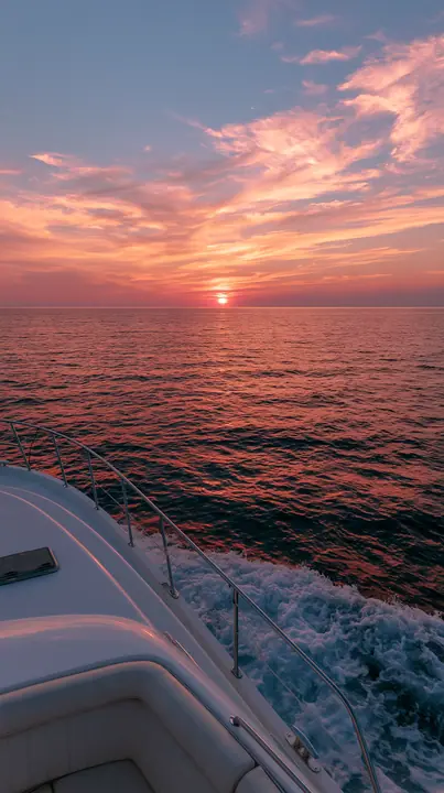 a pink sunset over a calm sea from the deck of a white yacht, golden hour, no text, no letters, no logos