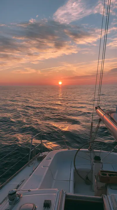 a pink sunset over a calm sea from the deck of a white yacht, golden hour, no text, no letters, no logos