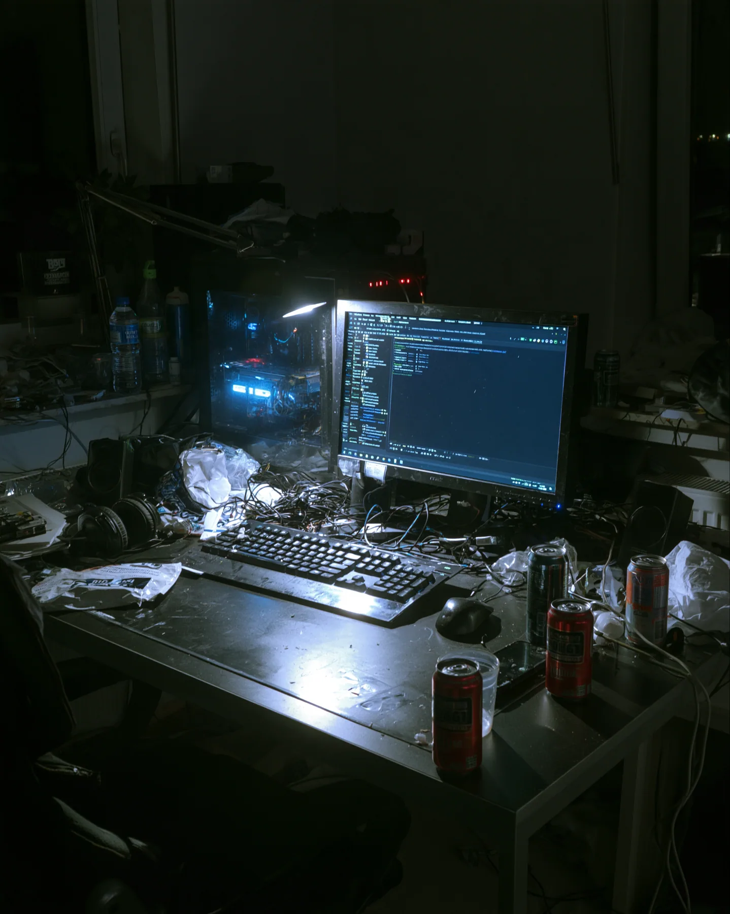 a messy desk at 3 am lit only by a monitor, energy drink cans, tangled cables, flash photograph, no text, no letters, no logos