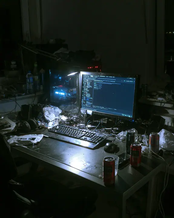 a messy desk at 3 am lit only by a monitor, energy drink cans, tangled cables, flash photograph, no text, no letters, no logos
