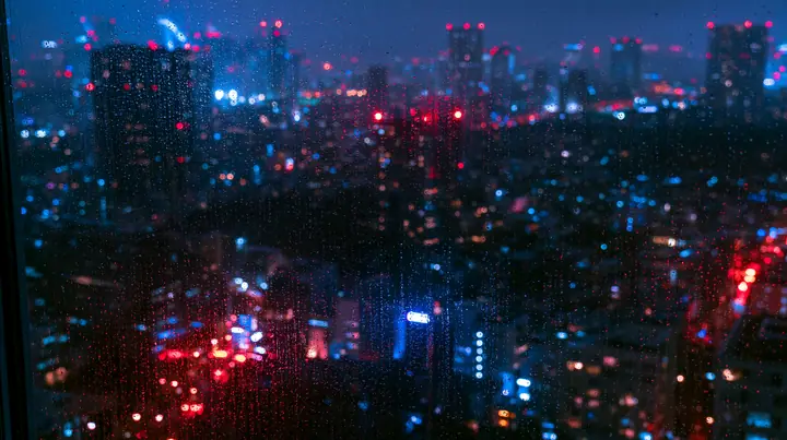 a city at night seen through a rain-streaked high-rise window, neon bokeh, moody, no text, no letters, no logos