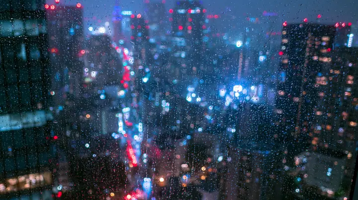 a city at night seen through a rain-streaked high-rise window, neon bokeh, moody, no text, no letters, no logos