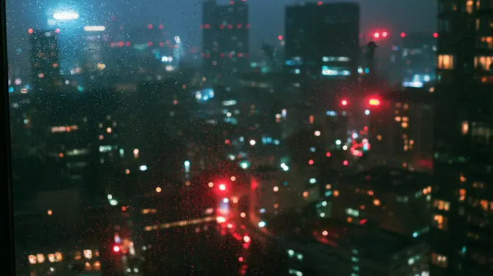 a city at night seen through a rain-streaked high-rise window, neon bokeh, moody, no text, no letters, no logos