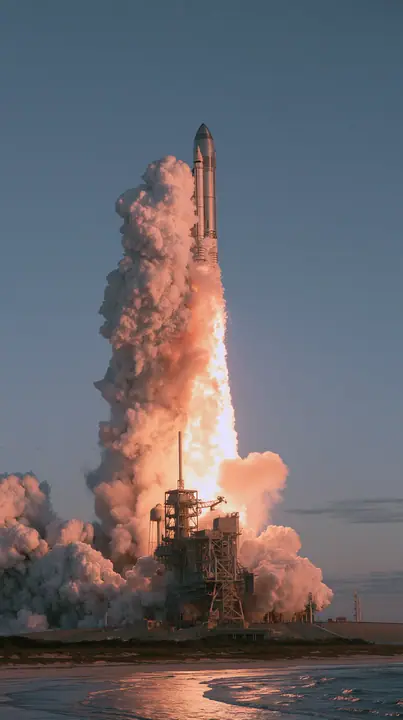 a giant stainless-steel rocket lifting off from a coastal launch tower at dawn, a towering white and orange plume, telephoto documentary photograph, no text, no letters, no logos
