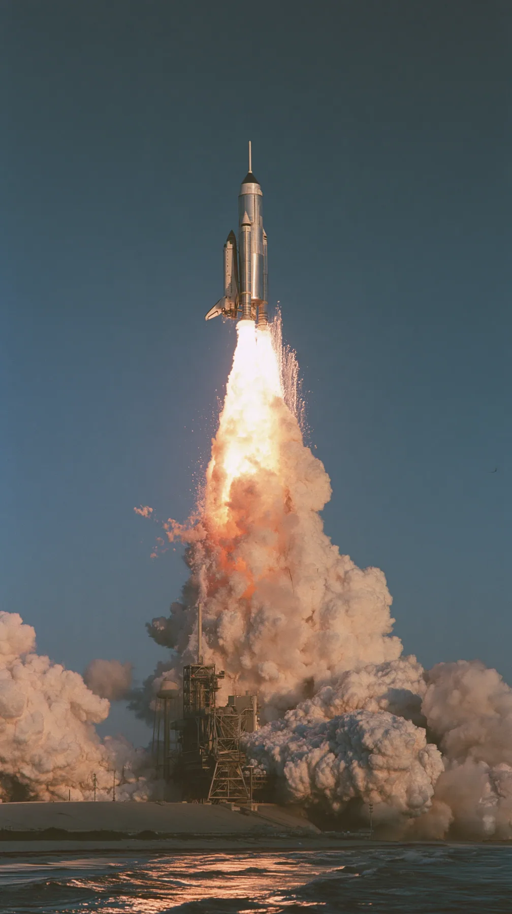 a giant stainless-steel rocket lifting off from a coastal launch tower at dawn, a towering white and orange plume, telephoto documentary photograph, no text, no letters, no logos