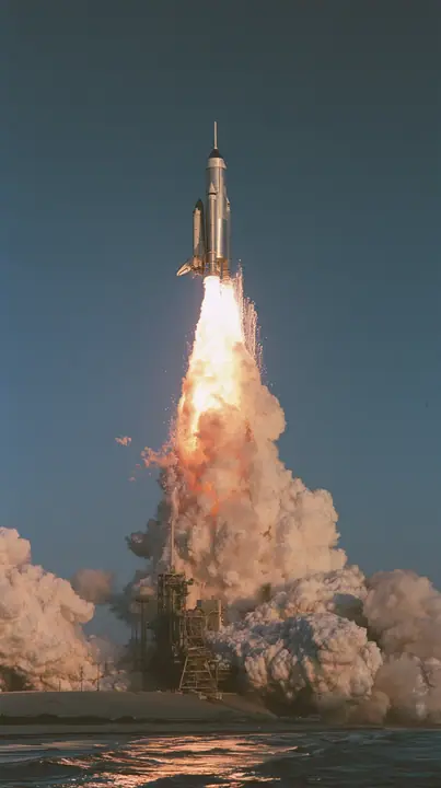 a giant stainless-steel rocket lifting off from a coastal launch tower at dawn, a towering white and orange plume, telephoto documentary photograph, no text, no letters, no logos