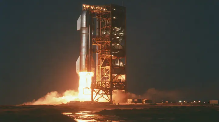 a stainless-steel rocket booster descending on a column of fire beside a launch tower at night, long exposure, documentary photograph, no text, no letters, no logos