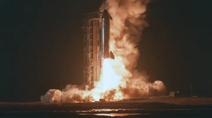 a stainless-steel rocket booster descending on a column of fire beside a launch tower at night, long exposure, documentary photograph, no text, no letters, no logos