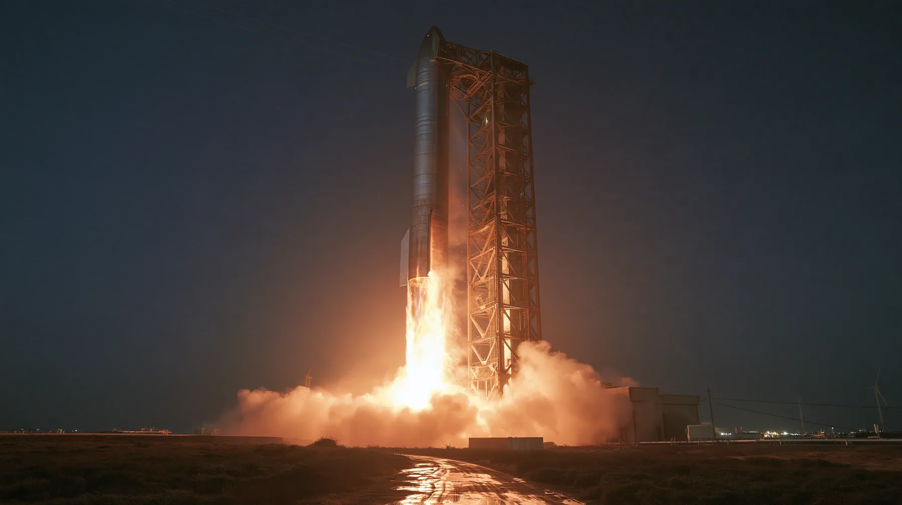 a stainless-steel rocket booster descending on a column of fire beside a launch tower at night, long exposure, documentary photograph, no text, no letters, no logos