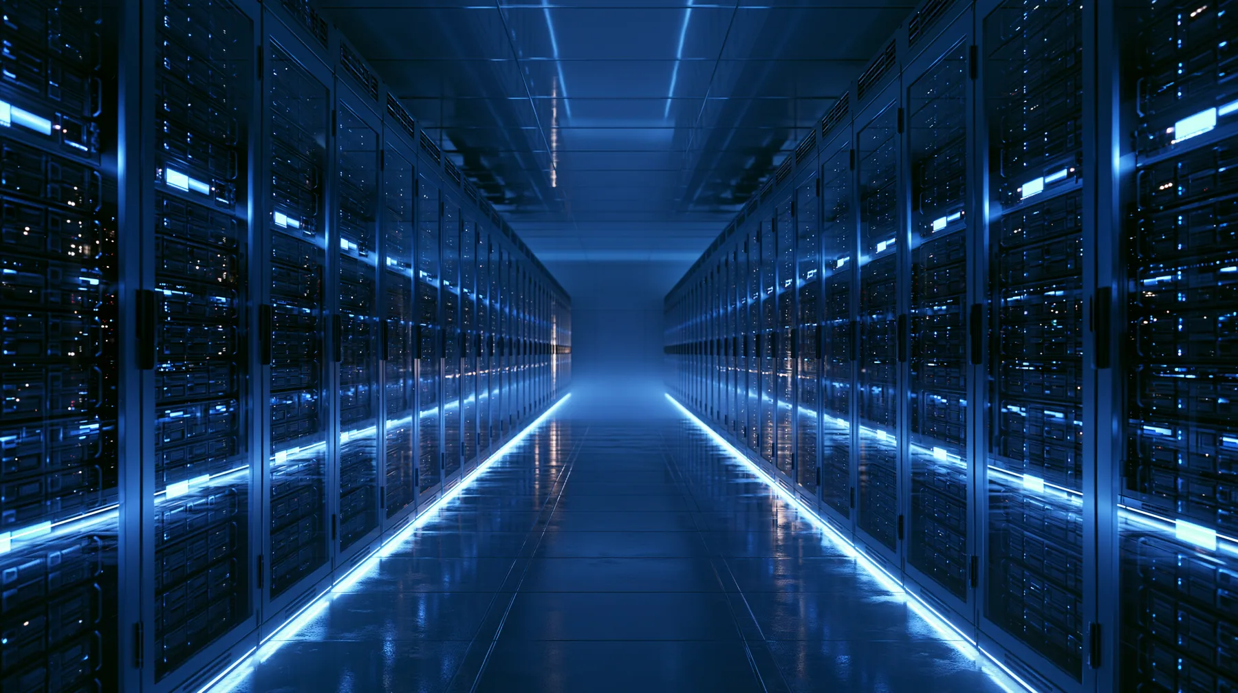 an endless data-center aisle lit cold blue, symmetrical rows of servers, faint haze, wide angle, no text, no letters, no logos