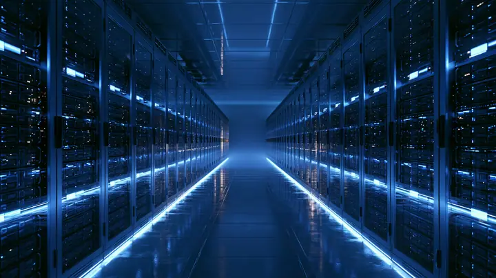 an endless data-center aisle lit cold blue, symmetrical rows of servers, faint haze, wide angle, no text, no letters, no logos
