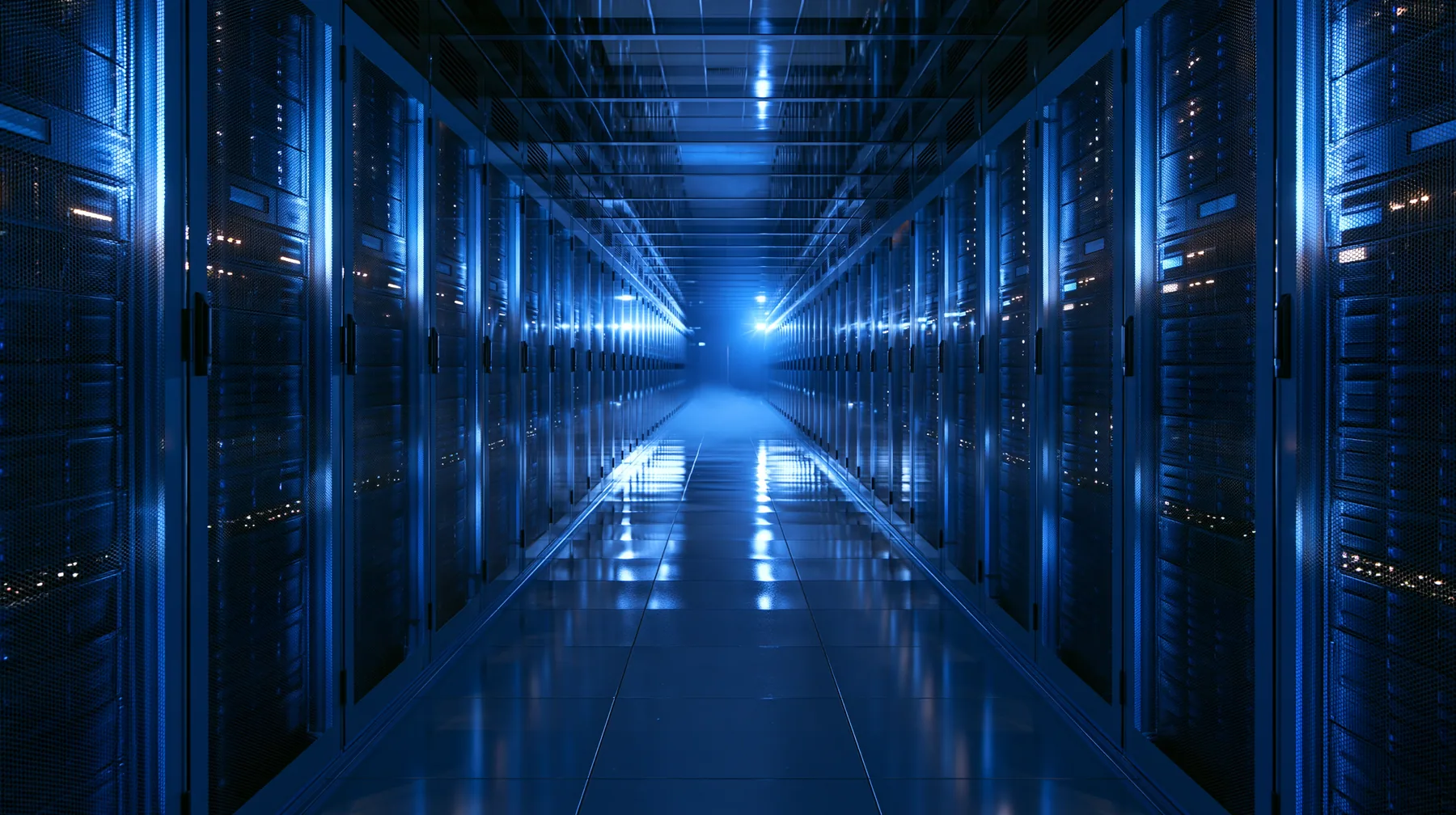 an endless data-center aisle lit cold blue, symmetrical rows of servers, faint haze, wide angle, no text, no letters, no logos