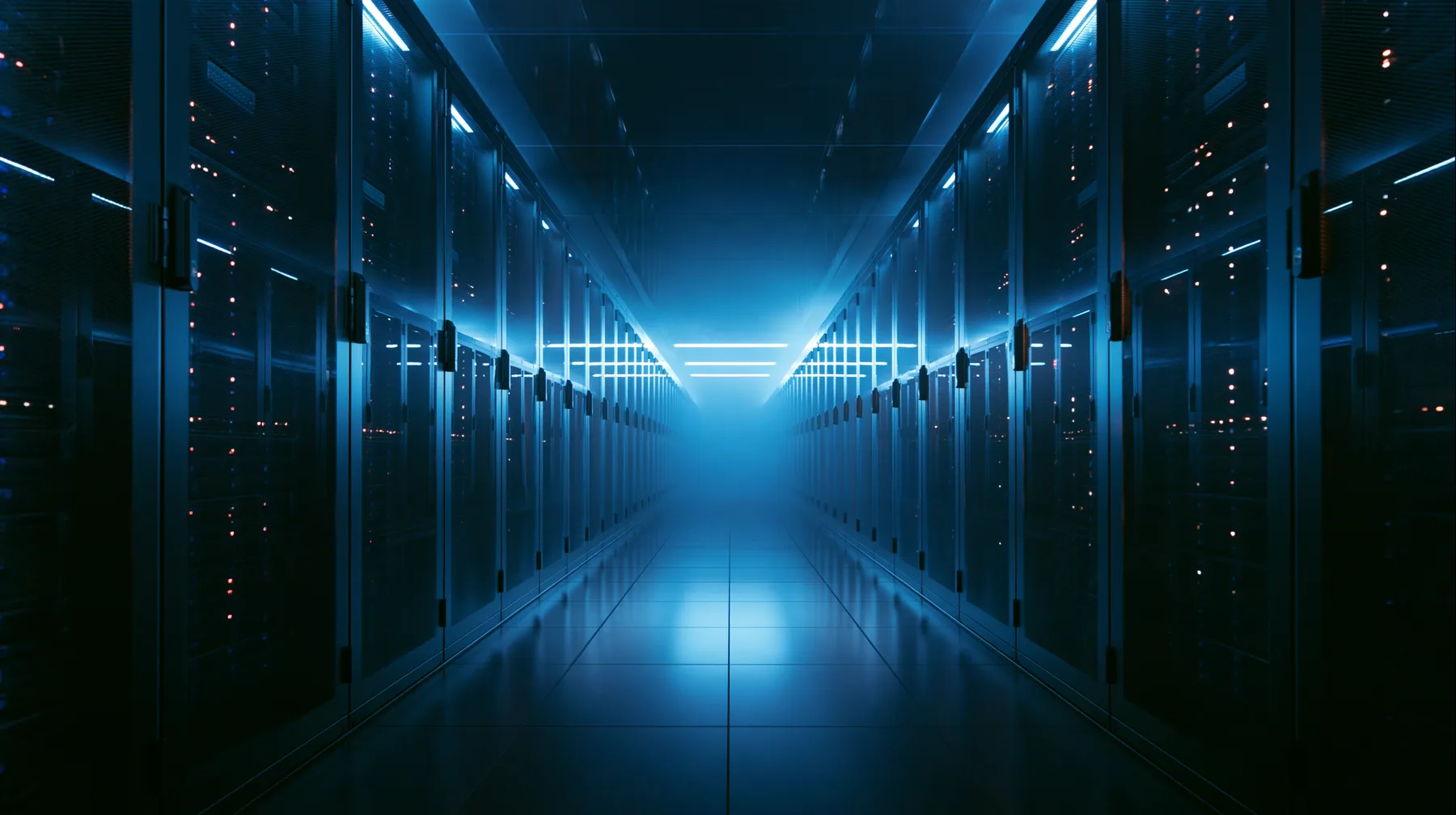 an endless data-center aisle lit cold blue, symmetrical rows of servers, faint haze, wide angle, no text, no letters, no logos