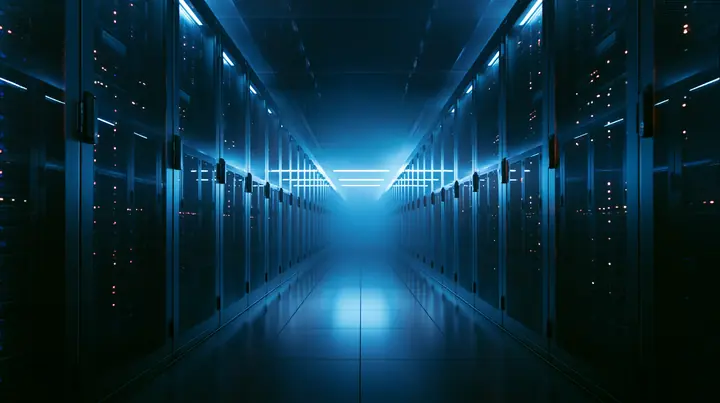 an endless data-center aisle lit cold blue, symmetrical rows of servers, faint haze, wide angle, no text, no letters, no logos