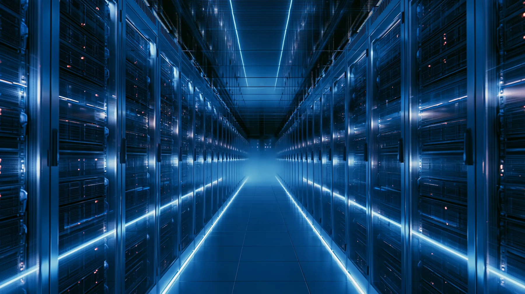 an endless data-center aisle lit cold blue, symmetrical rows of servers, faint haze, wide angle, no text, no letters, no logos