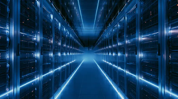an endless data-center aisle lit cold blue, symmetrical rows of servers, faint haze, wide angle, no text, no letters, no logos