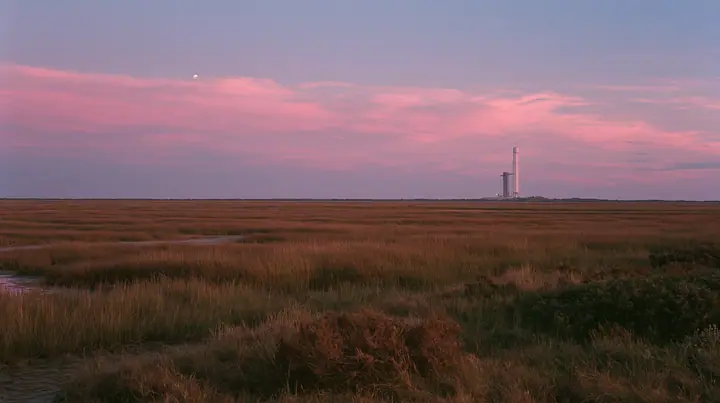 a vast flat Gulf Coast horizon in south Texas at dusk, salt marsh, a single distant launch tower, an enormous pink and violet sky, documentary photograph, no text, no letters, no logos