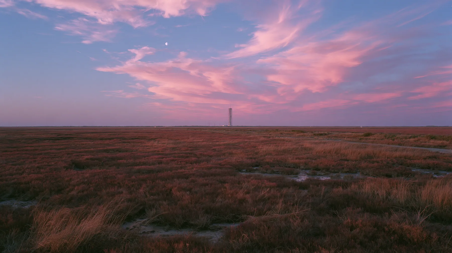 a vast flat Gulf Coast horizon in south Texas at dusk, salt marsh, a single distant launch tower, an enormous pink and violet sky, documentary photograph, no text, no letters, no logos