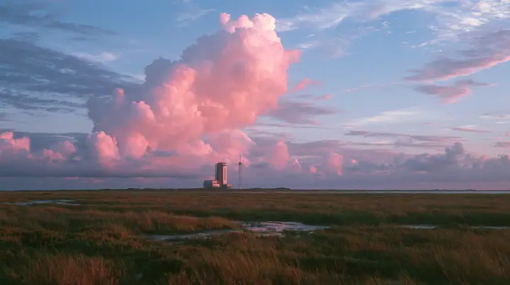 a vast flat Gulf Coast horizon in south Texas at dusk, salt marsh, a single distant launch tower, an enormous pink and violet sky, documentary photograph, no text, no letters, no logos