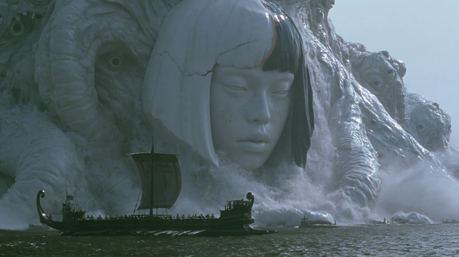 wide shot of a colossal creature breaching out of a dark sea beside a long black ancient Greek galley with a single mast, a square sail and two banks of oars, which looks tiny beside it, a mountain of glistening…
