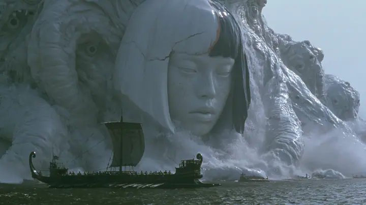 wide shot of a colossal creature breaching out of a dark sea beside a long black ancient Greek galley with a single mast, a square sail and two banks of oars, which looks tiny beside it, a mountain of glistening…