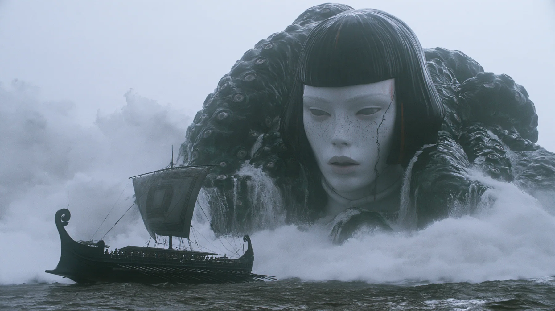 wide shot of a colossal creature breaching out of a dark sea beside a long black ancient Greek galley with a single mast, a square sail and two banks of oars, which looks tiny beside it, a mountain of glistening…