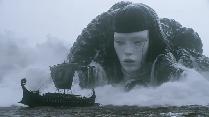 wide shot of a colossal creature breaching out of a dark sea beside a long black ancient Greek galley with a single mast, a square sail and two banks of oars, which looks tiny beside it, a mountain of glistening…