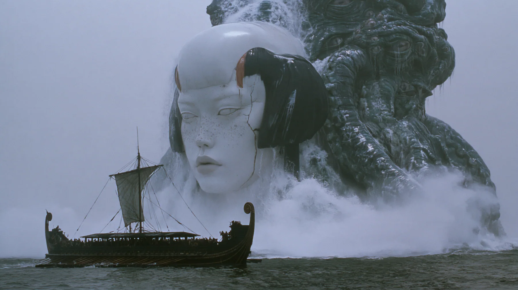 wide shot of a colossal creature breaching out of a dark sea beside a long black ancient Greek galley with a single mast, a square sail and two banks of oars, which looks tiny beside it, a mountain of glistening…