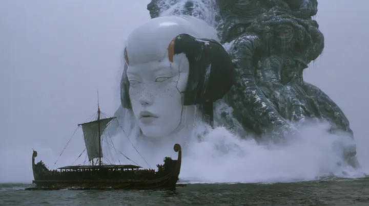 wide shot of a colossal creature breaching out of a dark sea beside a long black ancient Greek galley with a single mast, a square sail and two banks of oars, which looks tiny beside it, a mountain of glistening…