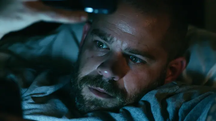 close-up of a broad-shouldered Caucasian man in his early thirties with a square jaw, a short dark beard, a dark buzz cut and heavy brows, the build of a man who lifts, in a grey t-shirt lying in bed in the dark,…
