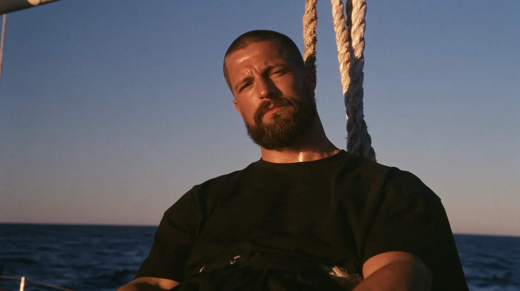 medium close-up of a broad-shouldered Caucasian man in his early thirties with a square jaw, a short dark beard, a dark buzz cut and heavy brows, the build of a man who lifts, in a plain black t-shirt and black…
