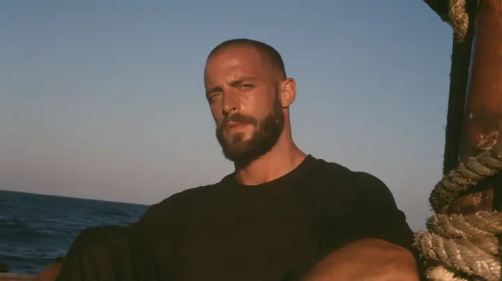 medium close-up of a broad-shouldered Caucasian man in his early thirties with a square jaw, a short dark beard, a dark buzz cut and heavy brows, the build of a man who lifts, in a plain black t-shirt and black…