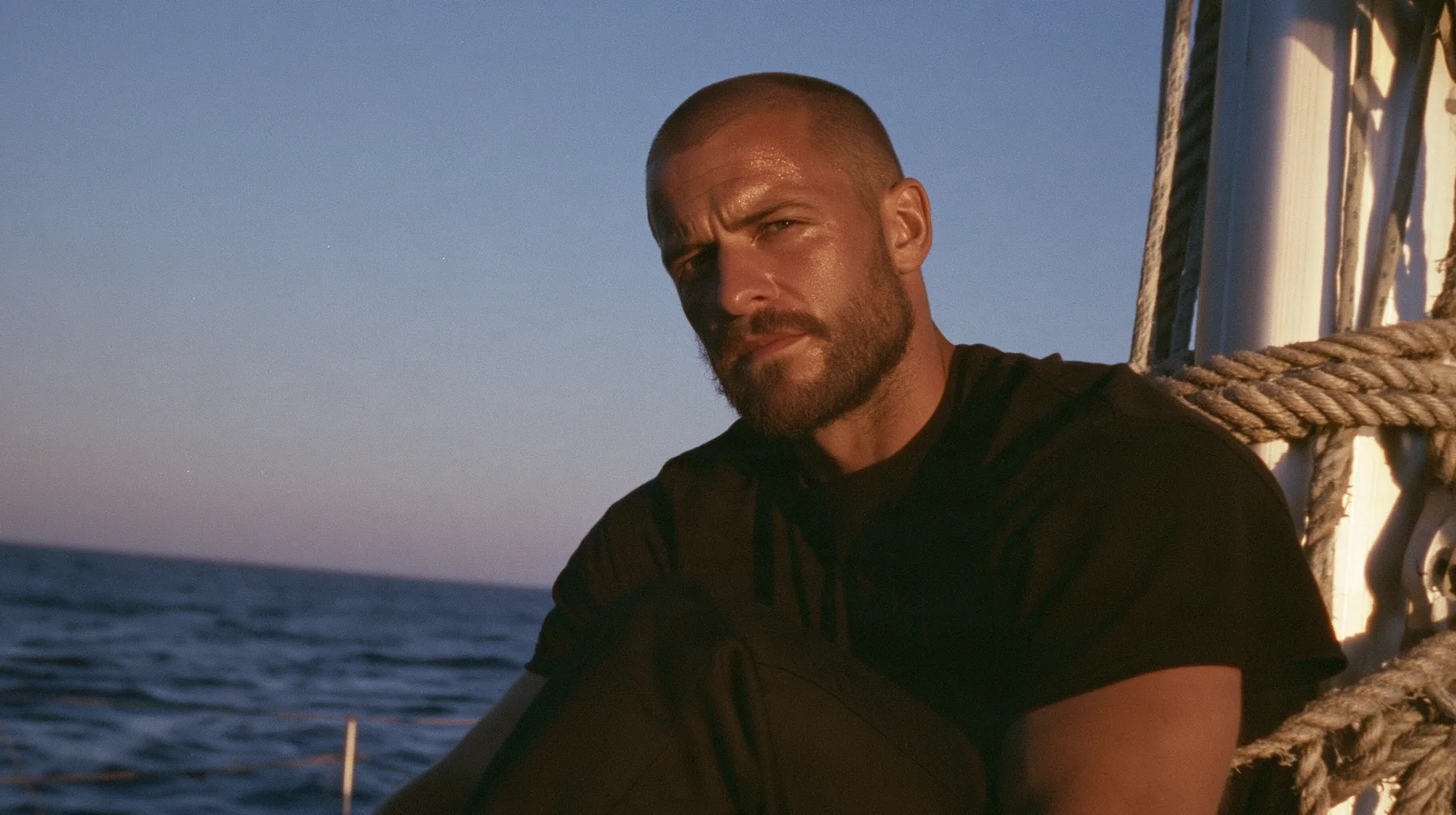 medium close-up of a broad-shouldered Caucasian man in his early thirties with a square jaw, a short dark beard, a dark buzz cut and heavy brows, the build of a man who lifts, in a plain black t-shirt and black…