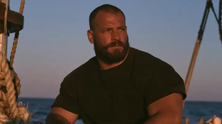 medium close-up of a broad-shouldered Caucasian man in his early thirties with a square jaw, a short dark beard, a dark buzz cut and heavy brows, the build of a man who lifts, in a plain black t-shirt and black…