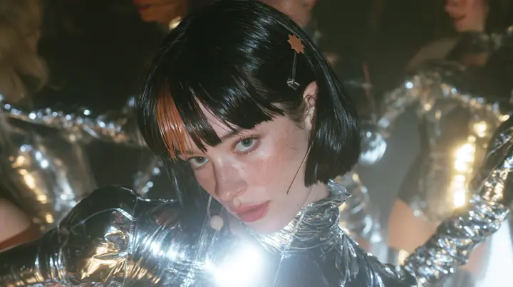 full-length shot of a Caucasian American woman in her mid-twenties with pale skin and light freckles, a glossy black blunt jaw-length bob with heavy straight bangs and one clay-orange streak through the bangs, a…