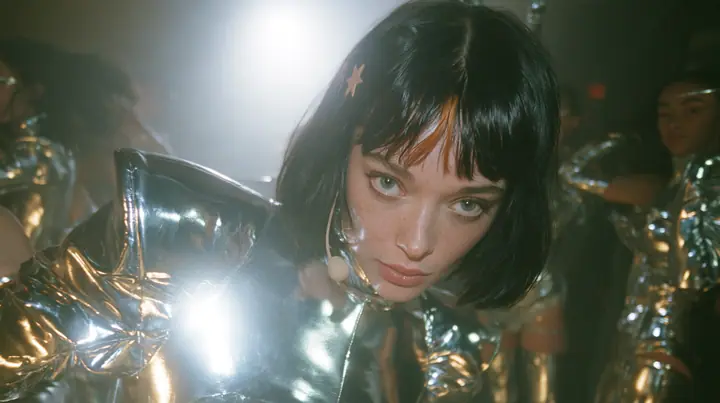 full-length shot of a Caucasian American woman in her mid-twenties with pale skin and light freckles, a glossy black blunt jaw-length bob with heavy straight bangs and one clay-orange streak through the bangs, a…