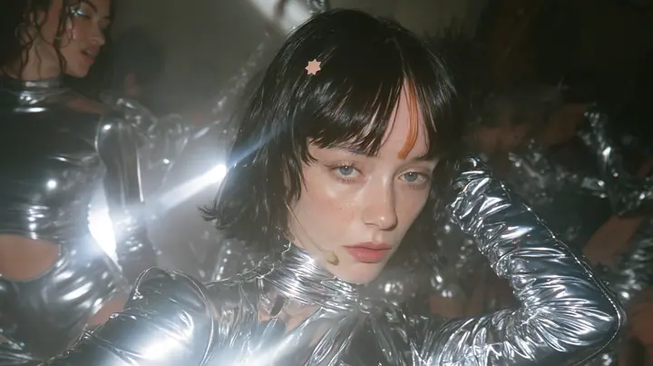 full-length shot of a Caucasian American woman in her mid-twenties with pale skin and light freckles, a glossy black blunt jaw-length bob with heavy straight bangs and one clay-orange streak through the bangs, a…