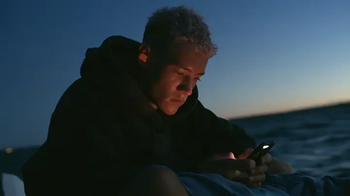 medium close-up of a gaunt young rower in a black hoodie over a linen tunic with orange foam earplugs, looking down at a phone lighting up in his lap, deep blue twilight, the last gold on the horizon, glassy sea,…