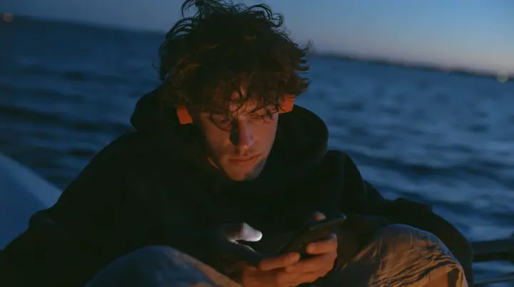 medium close-up of a gaunt young rower in a black hoodie over a linen tunic with orange foam earplugs, looking down at a phone lighting up in his lap, deep blue twilight, the last gold on the horizon, glassy sea,…