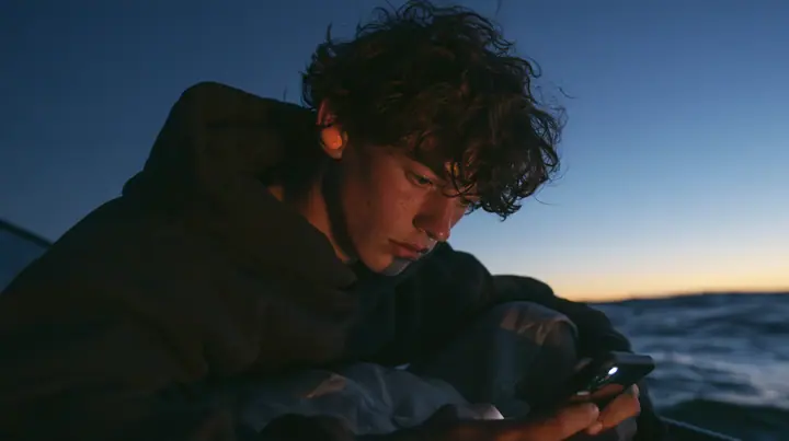 medium close-up of a gaunt young rower in a black hoodie over a linen tunic with orange foam earplugs, looking down at a phone lighting up in his lap, deep blue twilight, the last gold on the horizon, glassy sea,…