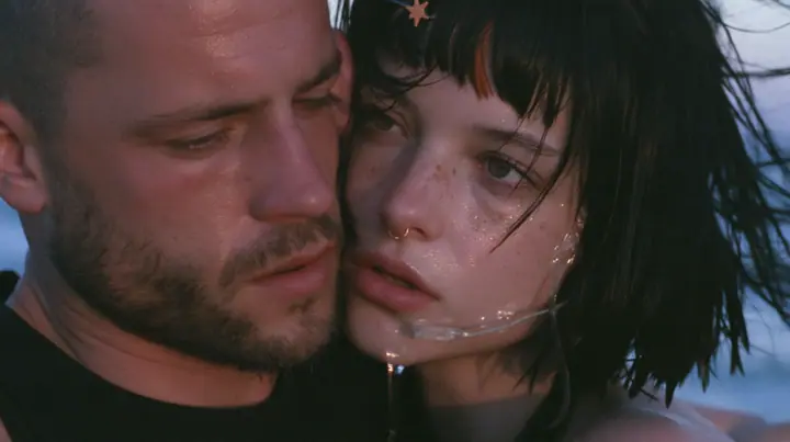 extreme close-up of a Caucasian American woman in her mid-twenties with pale skin and light freckles, a glossy black blunt jaw-length bob with heavy straight bangs and one clay-orange streak through the bangs, a…