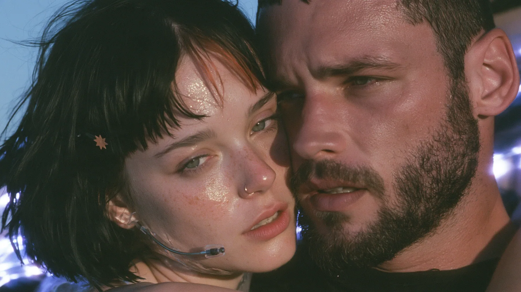 extreme close-up of a Caucasian American woman in her mid-twenties with pale skin and light freckles, a glossy black blunt jaw-length bob with heavy straight bangs and one clay-orange streak through the bangs, a…