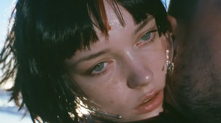 extreme close-up of a Caucasian American woman in her mid-twenties with pale skin and light freckles, a glossy black blunt jaw-length bob with heavy straight bangs and one clay-orange streak through the bangs, a…