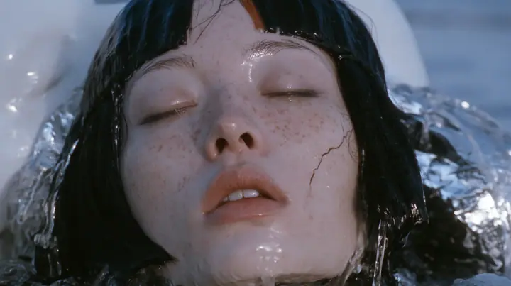 close-up of a colossal smooth white porcelain mask of a young woman's face, sculpted with a glossy black blunt bob with heavy bangs and one clay-orange streak, pale freckles, a serene expression, a hairline crack…