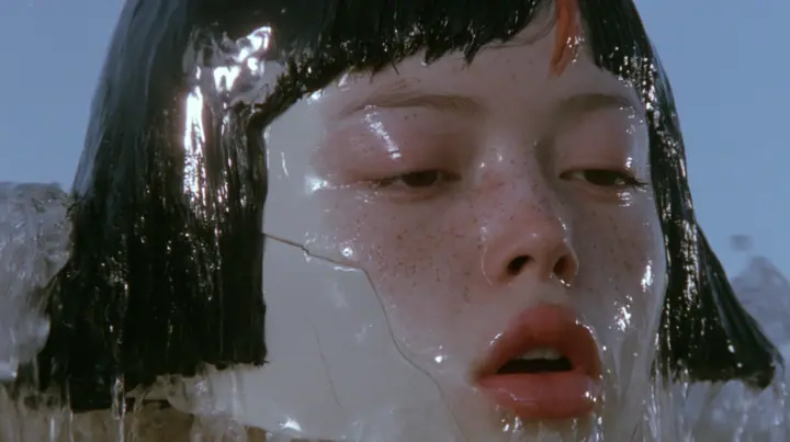 close-up of a colossal smooth white porcelain mask of a young woman's face, sculpted with a glossy black blunt bob with heavy bangs and one clay-orange streak, pale freckles, a serene expression, a hairline crack…