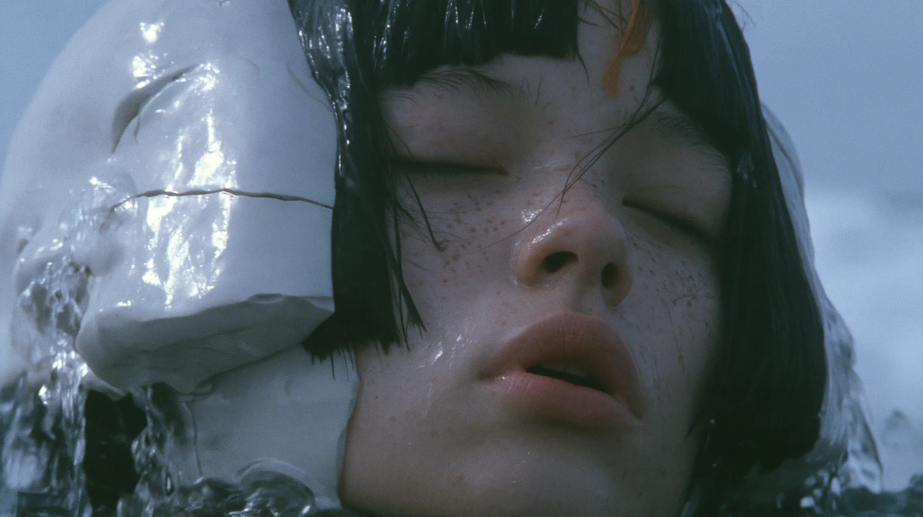 close-up of a colossal smooth white porcelain mask of a young woman's face, sculpted with a glossy black blunt bob with heavy bangs and one clay-orange streak, pale freckles, a serene expression, a hairline crack…