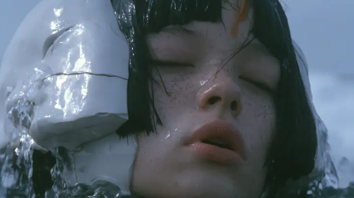 close-up of a colossal smooth white porcelain mask of a young woman's face, sculpted with a glossy black blunt bob with heavy bangs and one clay-orange streak, pale freckles, a serene expression, a hairline crack…