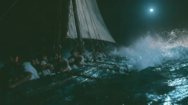 medium shot over the gunwale of a long black ancient Greek galley with a single mast, a square sail and two banks of oars, rowers in undyed linen tunics pulling the oars in time, each with bright orange foam earplugs…