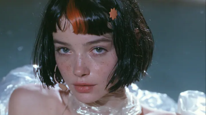 close-up of a Caucasian American woman in her mid-twenties with pale skin and light freckles, a glossy black blunt jaw-length bob with heavy straight bangs and one clay-orange streak through the bangs, a small flat…