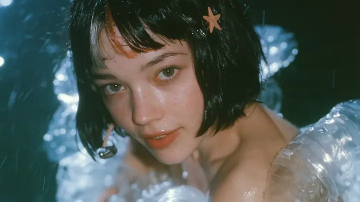 close-up of a Caucasian American woman in her mid-twenties with pale skin and light freckles, a glossy black blunt jaw-length bob with heavy straight bangs and one clay-orange streak through the bangs, a small flat…